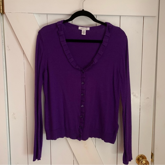 Button Down Ruffle V-Neck Cardigan Sweater Violet Purple - Picture 1 of 10